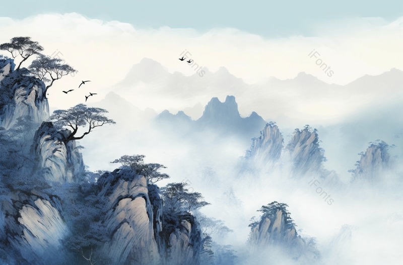 云雾意境中式蓝色水墨山水画,插画/手绘图,插画/手绘图库,插画/手绘图下载,插画/手绘